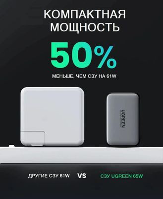 Сетевое зарядное устройство UGREEN 10335,  USB-A + Type-C,  65Вт,  4.5A,  черный