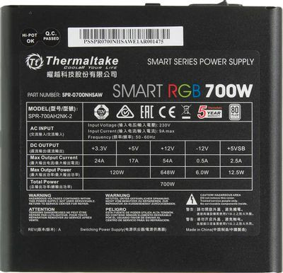 Блок питания Thermaltake Smart RGB 700,  700Вт,  120мм,  черный, retail [ps-spr-0700nhsawe-1]
