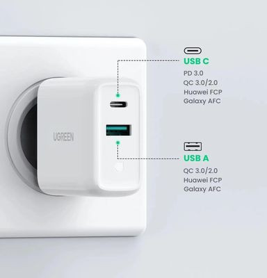 Сетевое зарядное устройство UGREEN 60468,  USB-A + Type-C,  36Вт,  3.45A,  белый