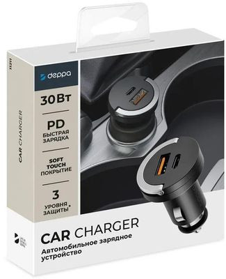 Автомобильное зарядное устройство Deppa 11211,  USB-A + Type-C,  30Вт,  3A,  черный