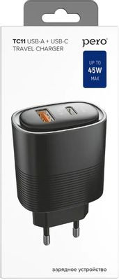Сетевое зарядное устройство PERO ТС11,  USB-C + USB-A,  45Вт,  3A,  черный [тс11bl]