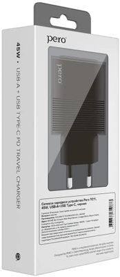 Сетевое зарядное устройство PERO ТС11,  USB-C + USB-A,  45Вт,  3A,  черный [тс11bl]