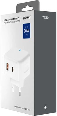Сетевое зарядное устройство PERO ТС10,  USB-C + USB-A,  20Вт,  3.1A,  белый [тс10whpd]