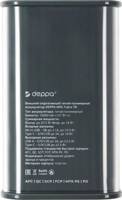Внешний аккумулятор (Power Bank) Deppa NRG Chrystal,  10000мAч,  серый [33644]