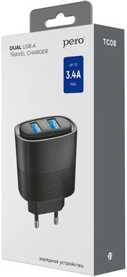 Сетевое зарядное устройство PERO ТС08,  2xUSB,  17Вт,  3.4A,  черный [тс08bl]