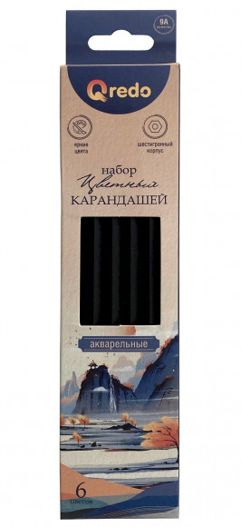 Карандаши цветные Qredo Mountains, 6 цветов, деревянные, шестигранные, акварельные