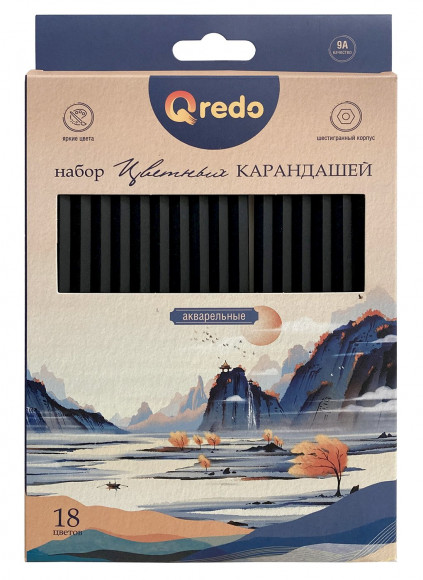 Карандаши цветные Qredo Mountains, 18 цветов, акварельные, деревянные, шестигранные