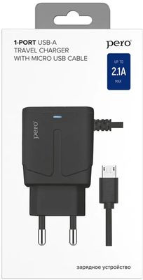 Сетевое зарядное устройство PERO ТС04,  USB-A,  microUSB,  10.5Вт,  2.1A,  черный [тс04b2amu]