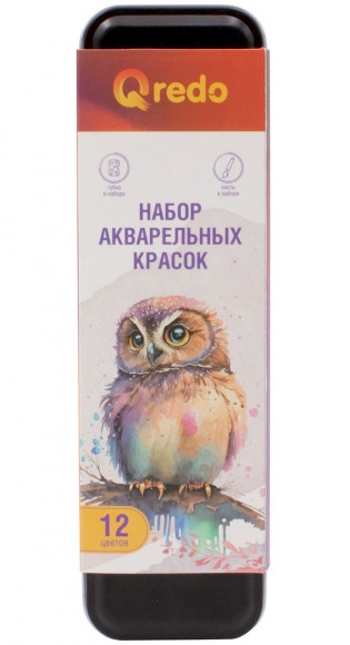 Акварель сухая Qredo, 12 цветов, губка и кисть с резервуаром для воды в наборе, металлическая коробка