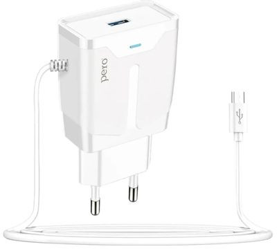 Сетевое зарядное устройство PERO ТС04,  USB-A,  microUSB,  10.5Вт,  2.1A,  белый [тс04w2amu]