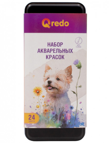Акварель сухая Qredo, 24 цвета, губка и кисть в наборе, металлическая коробка