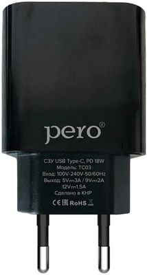 Сетевое зарядное устройство PERO ТС03,  USB-C,  18Вт,  3A,  черный [тс03blpd]