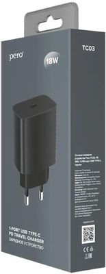 Сетевое зарядное устройство PERO ТС03,  USB-C,  18Вт,  3A,  черный [тс03blpd]