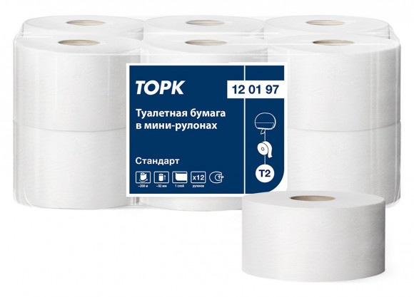Туалетная бумага Торк Стандарт, Т2, 1-слойная, белая, 200 метров, 12 рулонов в упаковке