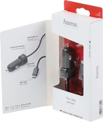 Автомобильное зарядное устройство HAMA H-173618,  USB type-C,  3A,  черный [00173618]