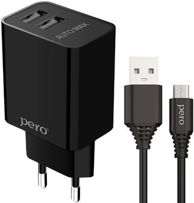 Сетевое зарядное устройство PERO ТС02,  2xUSB,  microUSB,  10.5Вт,  2.1A,  черный [тс02bl2am]