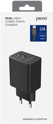 Сетевое зарядное устройство PERO ТС02,  2xUSB,  microUSB,  10.5Вт,  2.1A,  черный [тс02bl2am]