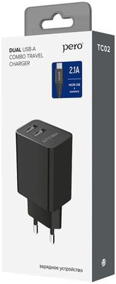 Сетевое зарядное устройство PERO ТС02,  2xUSB,  microUSB,  10.5Вт,  2.1A,  черный [тс02bl2am]