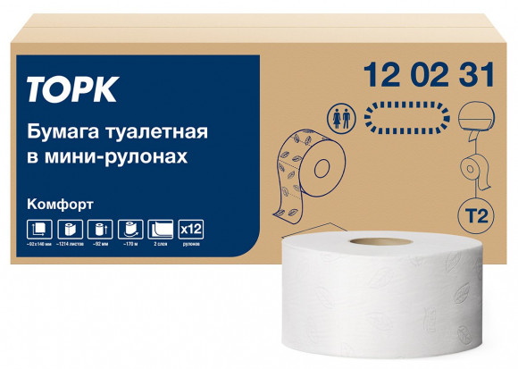Туалетная бумага в мини-рулонах Торк Комфорт, T2, 2-слойная, белая, 170 метров, 12 рулонов в упаковке