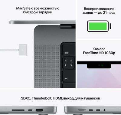 Ноутбук Apple MacBook Pro A2485 16.2", Retina XDR, Apple M1 Pro 10 core 10-ядерный, 16ГБ 512ГБ SSD,  Mac OS, серый космос [mk183ru/a]