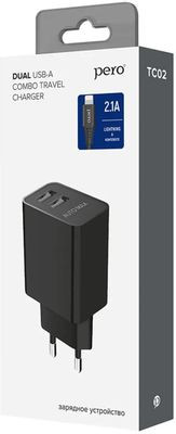 Сетевое зарядное устройство PERO ТС02,  2xUSB,  8-pin Lightning (Apple),  10.5Вт,  2.1A,  черный [тс02bl2al]