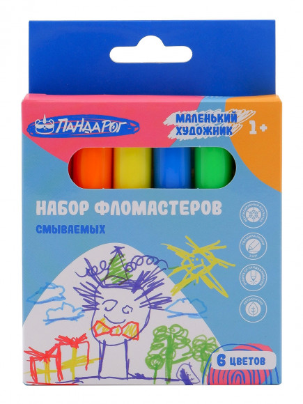 Фломастеры ПандаРог Маленький Художник, смываемые, противоударный наконечник, 6 цветов, картонная упаковка