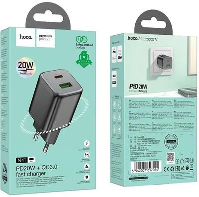 Сетевое зарядное устройство Hoco N41 Almighty Black, USB + USB type-C, 20Вт, 3A, черный Сетевое зарядное устройство Hoco N41 Almighty Black, USB + USB type-C, 20Вт, 3A, черный
