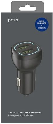 Автомобильное зарядное устройство PERO AC04,  2xUSB,  microUSB,  12Вт,  2.4A,  черный [aс04mcb]