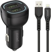 Автомобильное зарядное устройство PERO AC04,  2xUSB,  8-pin Lightning (Apple),  12Вт,  2.4A,  черный [aс04lcb]