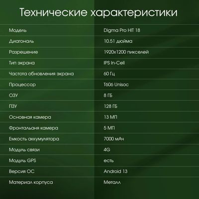 10.51" Планшет DIGMA PRO HIT 18 8/128 GB T606 4G, 1920 x 1200, Android 13, фиолетовый [hs1012pl]