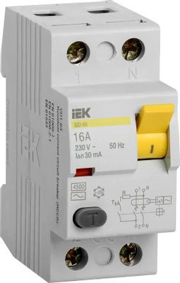 Выключатель дифф.тока УЗО IEK ВД1-63 (MDV10-2-016-030) 16A 30мА AC 2П 230В 2мод белый (упак.:1шт)