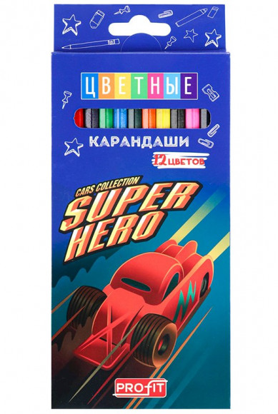 Карандаши цветные Машины Супергероев, 12 цветов, деревянные, шестигранные