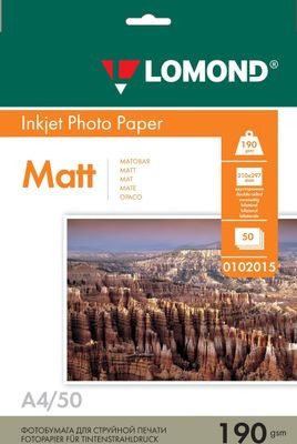 Фотобумага Lomond A4, для струйной печати, 50л, 190г/м2, белый, покрытие матовое [0102015]