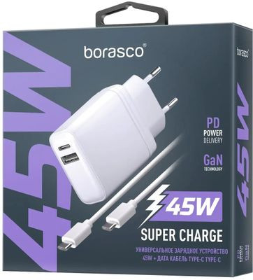 Сетевое зарядное устройство BORASCO USB + USB type-C,  USB type-C,  45Вт,  3A,  белый [52389]