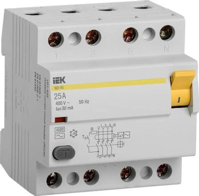 Выключатель дифф.тока УЗО IEK ВД1-63 (MDV10-4-025-030) 25A 30мА AC 4П 400В 4мод белый (упак.:1шт)