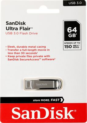 Флешка USB Sandisk Cruzer Ultra Flair 64ГБ, USB3.0, серебристый и черный [sdcz73-064g-g46]