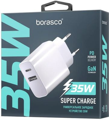 Сетевое зарядное устройство BORASCO USB + USB type-C,  35Вт,  3A,  белый [52388]