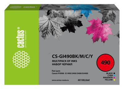 Набор чернил Cactus CS-GI490BK/M/C/Y GI-490, для Canon, 100мл, многоцветный